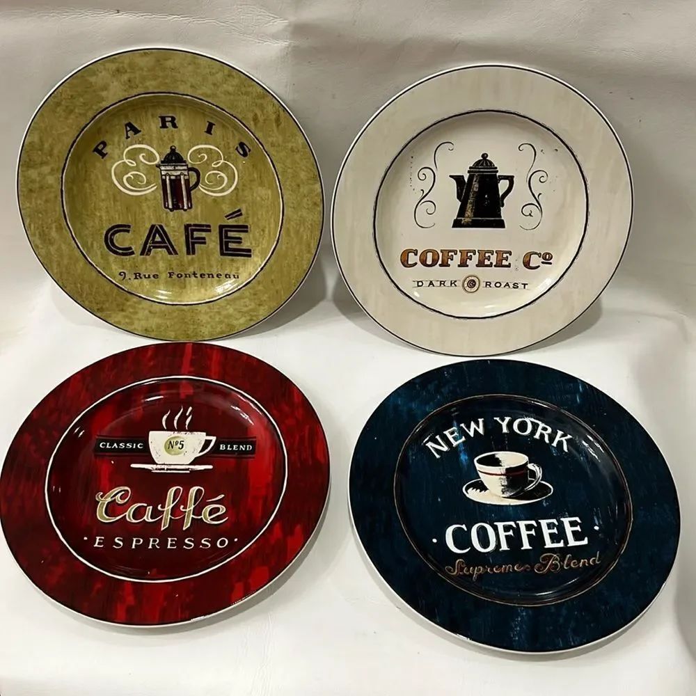 Sakura Coffee Break Plates set 4 Paris Cafe New York Caffe Expresso 8 In Round